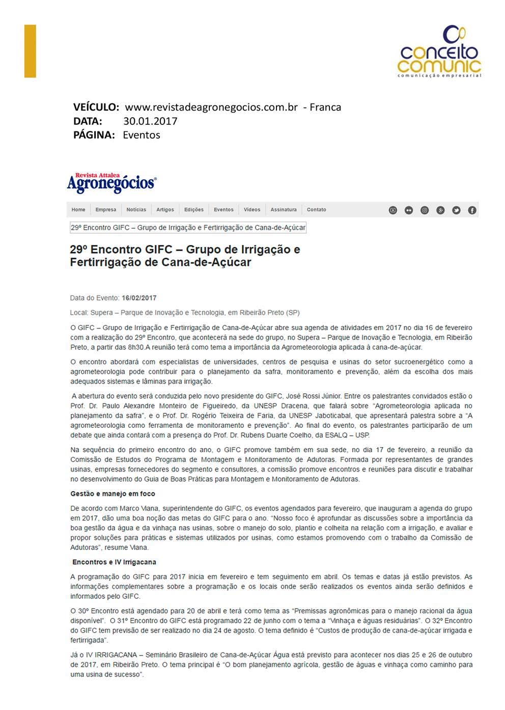 Revista de Agronegócios Divulga 29º Encontro do GIFC
