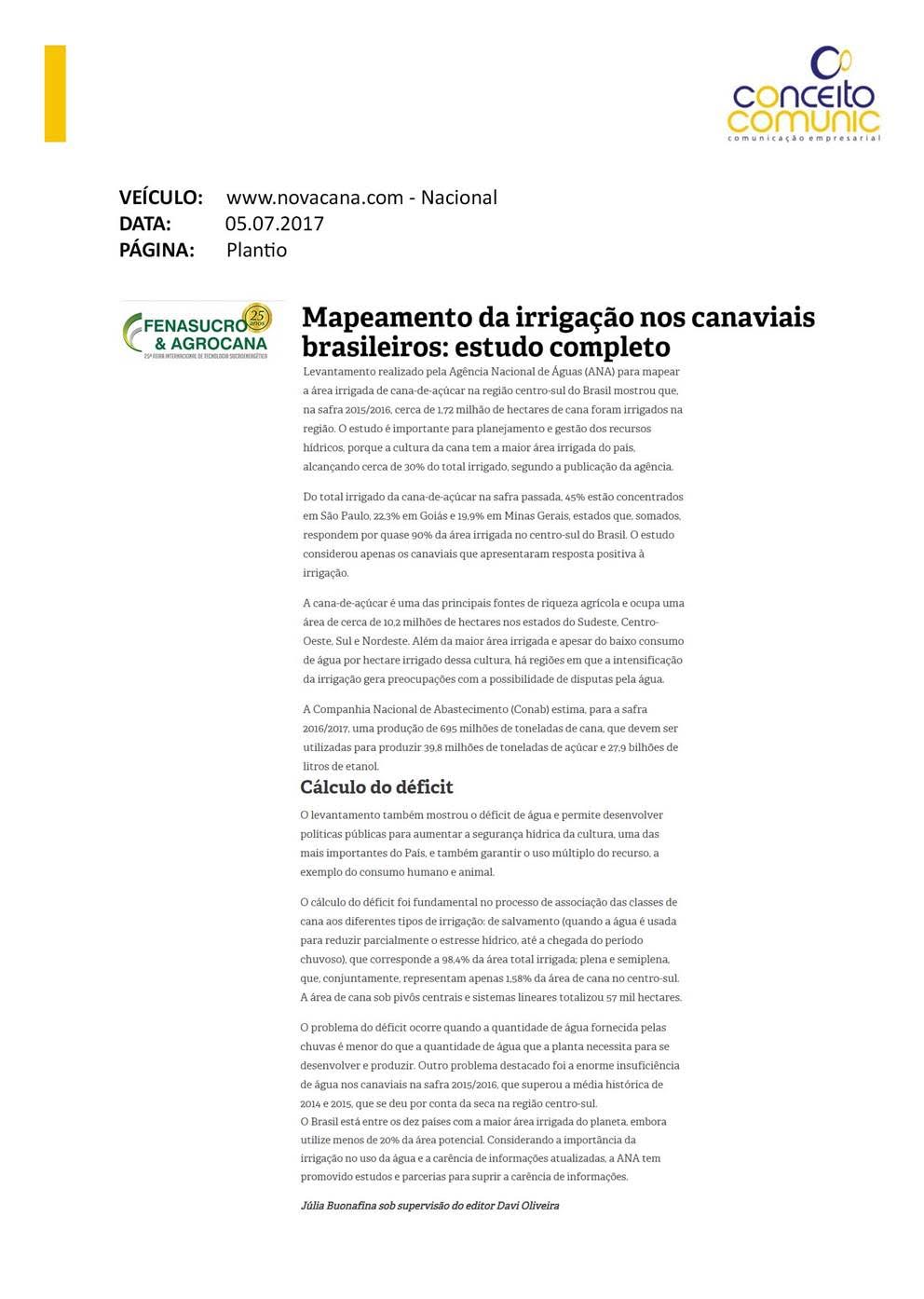 Mapeamento da irrigação nos canaviais brasileiros: estudo completo