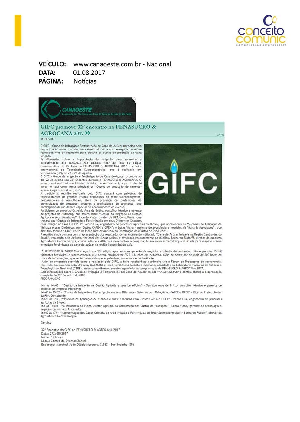 Canaoeste: GIFC promove o 32º encontro na FENASUCRO & AGROCANA 2017